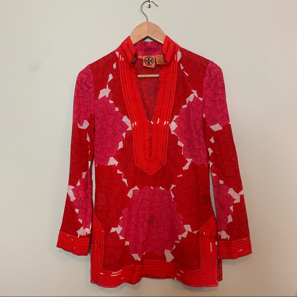 Tory Burch Red Split Neck Tunic Big Flowers